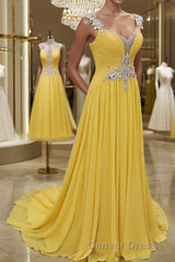 A-Line/Princess Straps Sweep Train Chiffon Prom Dresses With Beading