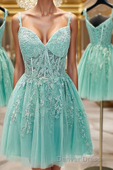 A-Line/Princess Sweetheart Corset Short/Mini Tulle Homecoming Dresses With Appliques Lace