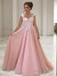 A Line Sweetheart Floor Length Tulle Prom Dresses With Appliques Lace