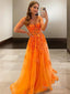 A Line Sweetheart Sweep Train Tulle Prom Dresses With Appliques Lace