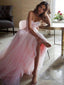 A Line Sweetheart Sweep Train Tulle Prom Dresses With Ruffles