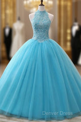 A-Line/Princess Tulle Appliques Lace Prom Dresses With Beading