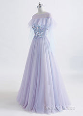 A-Line/Princess Tulle Jewel Floor-Length Prom Dresses With Beaded Lace Appliques