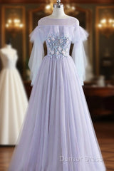 A-Line/Princess Tulle Jewel Floor-Length Prom Dresses With Beaded Lace Appliques