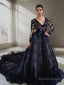 A Line V Neck Court Train Lace Wedding Dresses With Appliques Lace