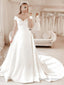 A Line V Neck Court Train Satin Wedding Dresses With Pleated