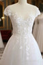 A Line V Neck Court Train Short Sleeves Applique Tulle Wedding Dresses
