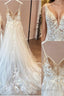A Line V Neck Court Train Tulle Wedding Dresses with Appliques Lace