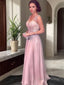A Line V Neck Floor Length Chiffon Prom Dresses With Beading