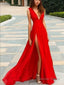 A Line V Neck Floor Length Chiffon Prom Dresses With Leg Slit