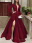 A Line V Neck Floor Length Satin Prom Dresses With Leg Slit
