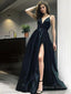 A Line V Neck Floor Length Satin Prom Dresses With Leg Slit