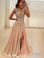 A Line V Neck Floor Length Silk like Satin Prom Dresses With Leg Slit