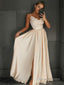 A Line V Neck Floor Length Silk like Satin Prom Dresses With Leg Slit