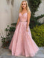 A Line V Neck Floor Length Tulle Prom Dresses With Appliques Lace