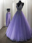 A Line V Neck Floor Length Tulle Prom Dresses With Beading