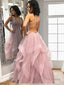 A Line V Neck Floor Length Tulle Prom Dresses With Ruffles