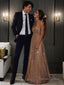 A Line V Neck Floor Length Tulle Prom Dresses