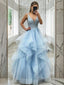A Line V Neck Floor Length Tulle Prom Dresses