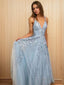 A Line V Neck Floor Length Tulle Prom Dresses
