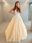 A Line V Neck Floor Length Tulle Prom Dresses With Appliques Lace