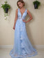 A Line V Neck Floor Length Tulle Prom Dresses With Appliques Lace