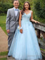 A Line V Neck Floor Length Tulle Prom Dresses With Appliques Lace