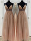 A-Line/Princess V-neck Floor-Length Tulle Prom Dresses With Beading