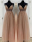 A Line V Neck Floor Length Tulle Prom Dresses With Beading
