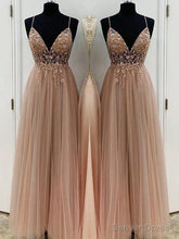 A-Line/Princess V-neck Floor-Length Tulle Prom Dresses With Beading