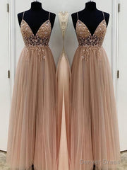 A-Line/Princess V-neck Floor-Length Tulle Prom Dresses With Beading