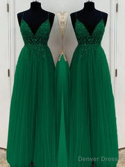 A-Line/Princess V-neck Floor-Length Tulle Prom Dresses With Beading