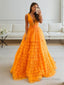 A Line V Neck Floor Length Tulle Prom Dresses With Ruffles