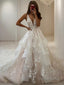 A Line V Neck Floor Length Tulle Wedding Dresses With Appliques Lace