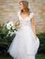 A Line V Neck Floor Length Tulle Wedding Dresses With Bow