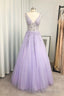A Line V Neck Long Floor Length Tulle Prom Dresses With Beading Sequins