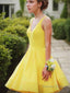 A Line V Neck Short Mini Satin Homecoming Dresses With Ruffles