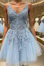 A Line V Neck Short Mini Tulle Homecoming Dresses With Appliques Lace
