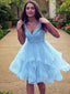 A Line V Neck Short Mini Tulle Homecoming Dresses With Cascading Ruffles