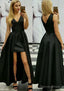 A Line V Neck Sleeveless Asymmetrical Satin Prom Dresses With Pleated