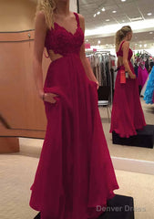 A-line/Princess V Neck Sleeveless Long/Floor-Length Chiffon Prom Dresses With Lace Beading