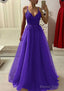A Line V Neck Sleeveless Long Floor Length Prom Dresses With Appliqued Beading