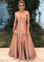 A Line V Neck Sleeveless Long Floor Length Satin Prom Dresses With Split Beading