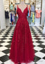 A Line V Neck Sleeveless Long Floor Length Tulle Prom Dresses With Appliqued