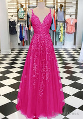 A-line/Princess V Neck Sleeveless Long/Floor-Length Tulle Prom Dresses With Appliqued