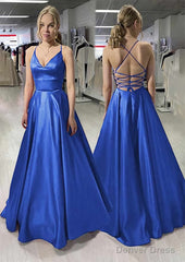A-line/Princess V Neck Sleeveless Satin Long/Floor-Length Prom Dresses