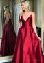 A Line V Neck Sleeveless Sweep Train Satin Prom Dresses