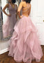 A Line Princess V Neck Sleeveless Tulle Long Floor Length Prom Dresses With Pleated