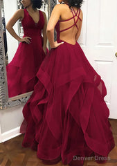 A-line Princess V Neck Sleeveless Tulle Long/Floor-Length Prom Dresses With Pleated