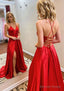 A Line Princess V Neck Sweep Train Charmeuse Prom Dresses With Split